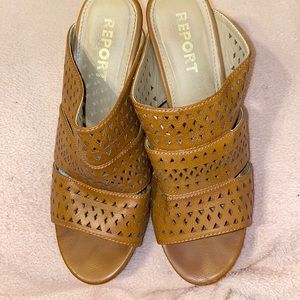 Vegan leather cut out wedge sandals with platform cork heels. Surprisingly comfy